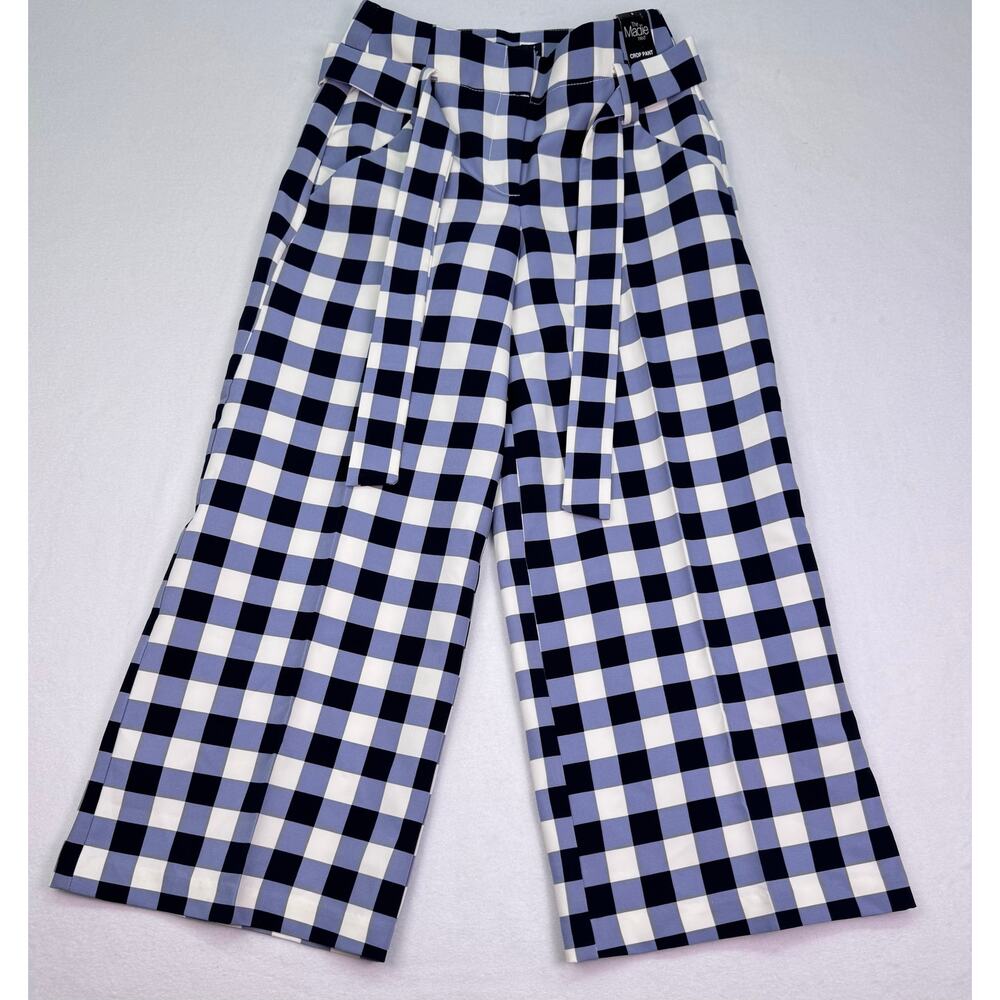 NWT New York&Company The Madie Crop Pant Blue Gingham Smoothing Wide Leg Size 0 - Picture 2 of 10